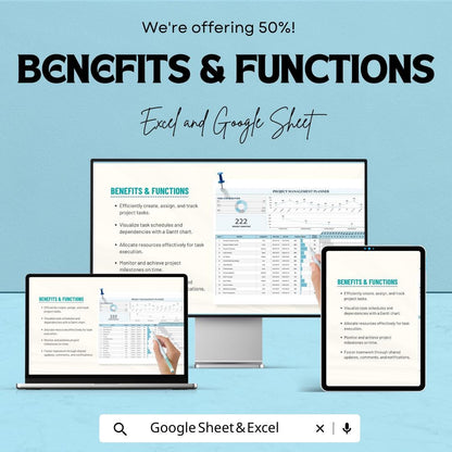 Project Management Planner Sheet | Excel & Google Sheet Dashboard | Gantt Chart | Task Timeline | Resource Allocation Tool