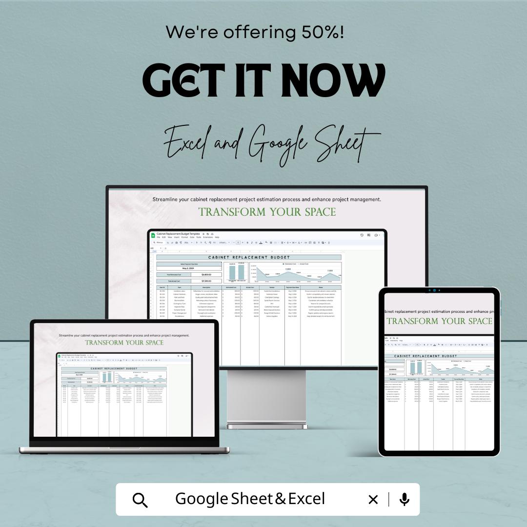 Cabinet Replacement Budget Sheet | Excel & Google Sheet Template | Kitchen Remodel Budget Tracker | Home Improvement Project Tool