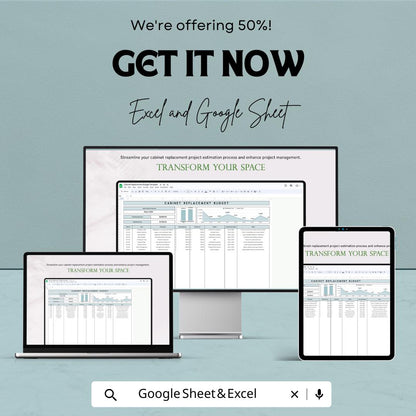 Cabinet Replacement Budget Sheet | Excel & Google Sheet Template | Kitchen Remodel Budget Tracker | Home Improvement Project Tool