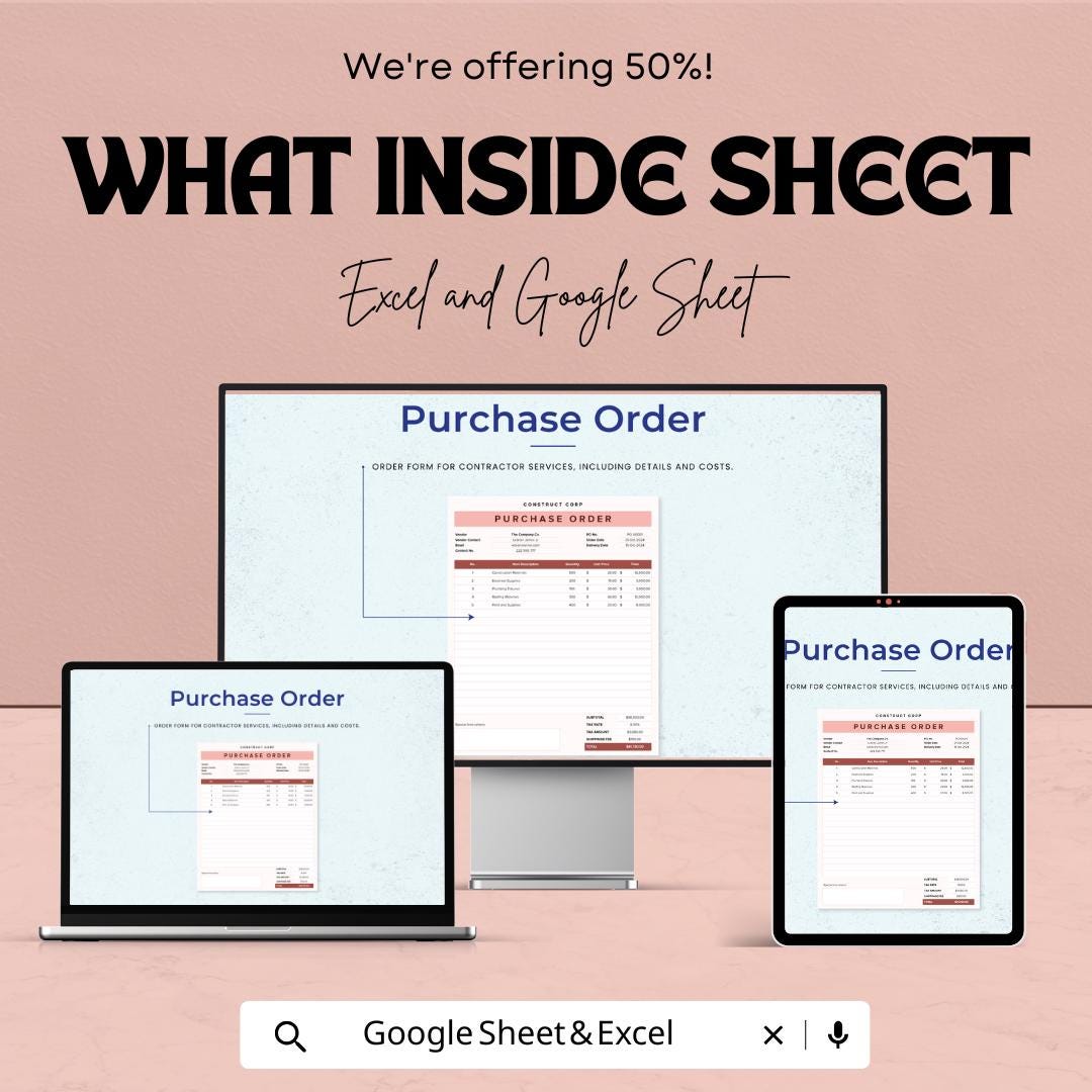 Contractor Purchase Order Template | Construction Purchase Order Form | Business Expense Tracker | Editable Order Sheet