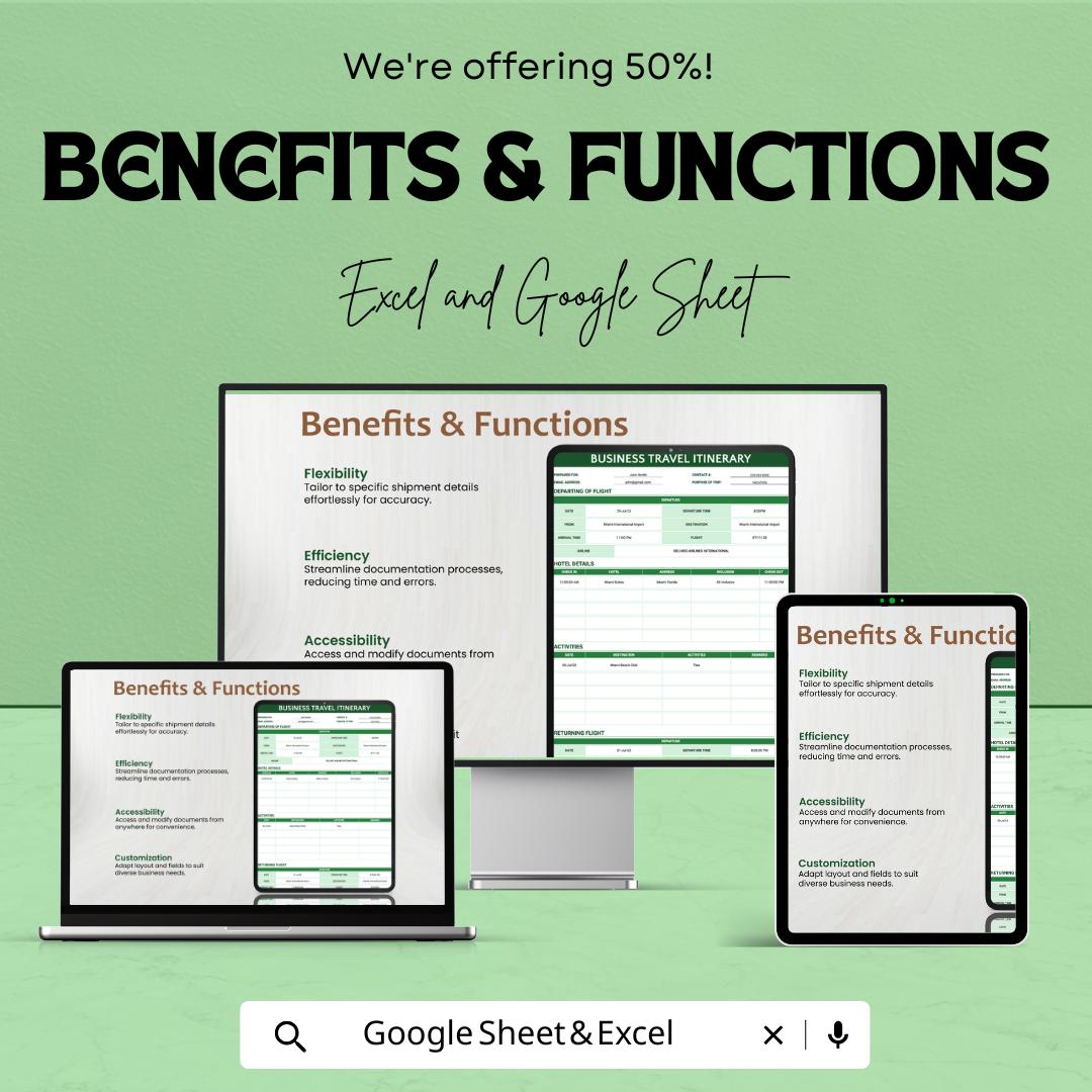 Business Travel Itinerary Template - Excel & Google Sheets - Easy-to-Use Travel Planner for Corporate Trips - Downloadable Template