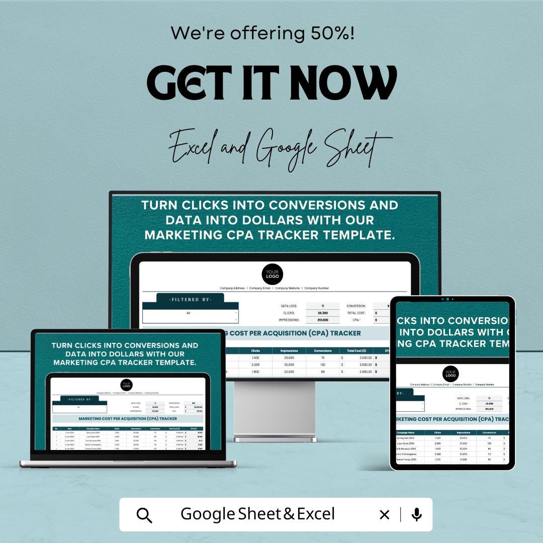 Marketing Cost Per Acquisition (CPA) Tracker Sheet - Excel & Google Sheets Template | Advertising Cost Tracker | Campaign Analysis