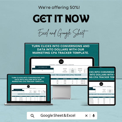 Marketing Cost Per Acquisition (CPA) Tracker Sheet - Excel & Google Sheets Template | Advertising Cost Tracker | Campaign Analysis