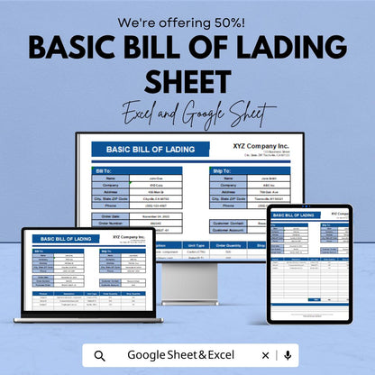 Basic Bill of Lading Template - Excel & Google Sheets, Shipping Documentation, Freight Bill, Logistics Tracker, Digital Download,