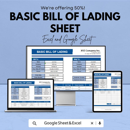 Basic Bill of Lading Template - Excel & Google Sheets, Shipping Documentation, Freight Bill, Logistics Tracker, Digital Download,