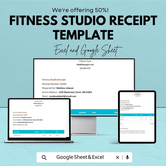 Fitness Studio Receipt Template | Personal Trainer Receipt | Fitness Invoice | Excel & Google Sheets | Editable Receipt Form