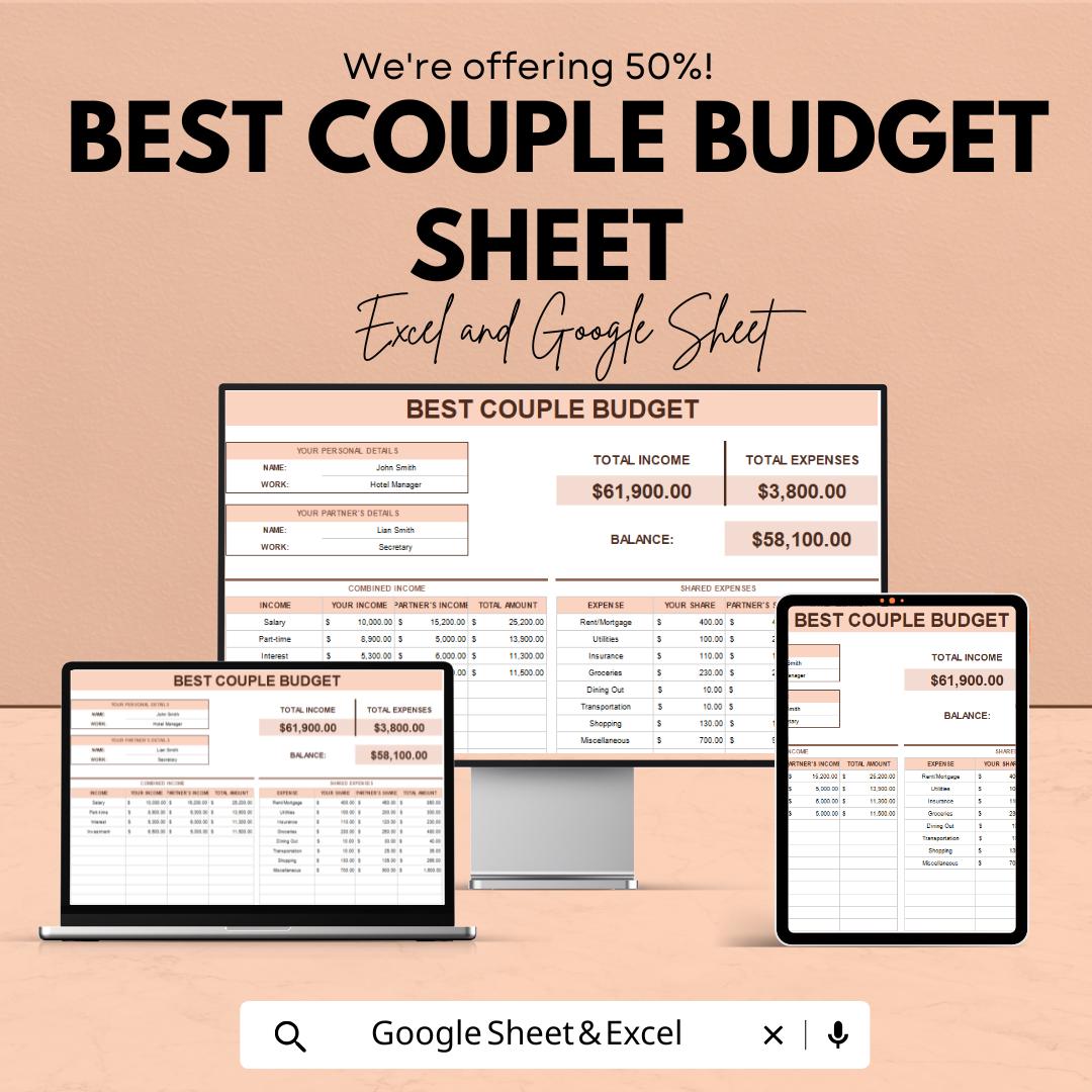 Best Couple Budget Sheet - Excel & Google Sheet for Joint Income, Expenses, Savings, and Financial Planning