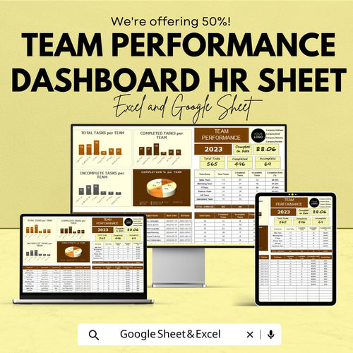 Team Performance Dashboard HR Sheet | Task Completion and Goal Tracker | Excel & Google Sheet | Employee Productivity Template