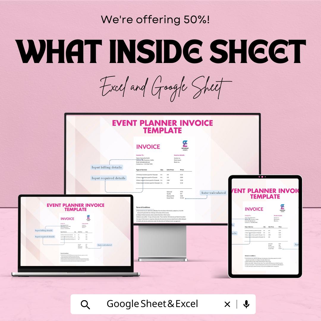 Event Planner Invoice Sheet - Excel & Google Sheets Template - Customizable Invoice Generator for Event Planners