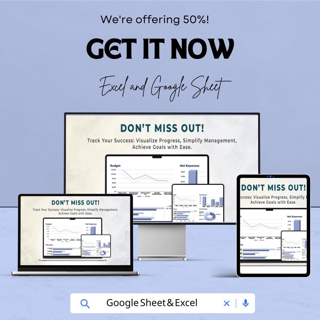 KPI Chart Sheet | Budget Tracking, Net Expenses, Revenue and Profit Margins | Excel & Google Sheet Template | Business Performance Dashboard