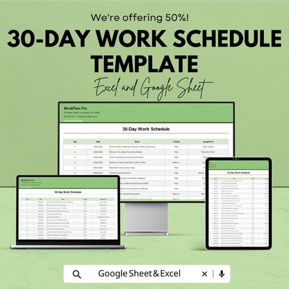 30-Day Work Schedule Template | Work Schedule Spreadsheet | Task Management Planner | Productivity Schedule Sheet