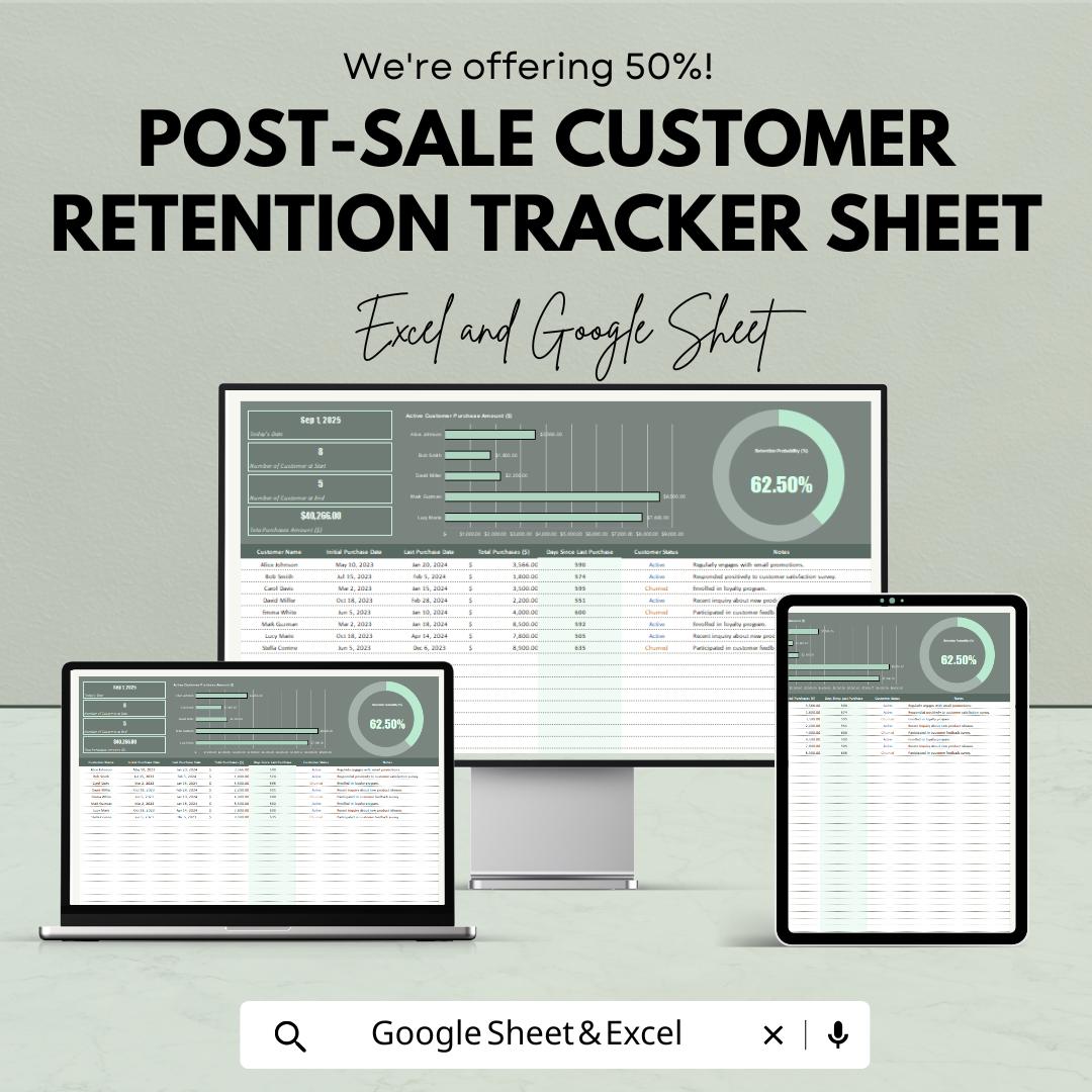 Post-Sale Customer Retention Tracker Sheet - Excel & Google Sheet | Track Customer Engagement and Retention with Automated Metrics