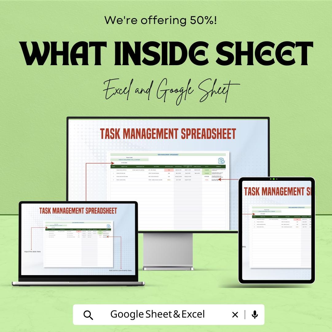 Task Management Spreadsheet | Excel & Google Sheet Template | Efficient Task Organizer | Project Tracking Spreadsheet