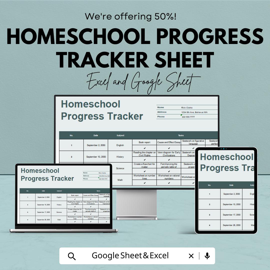 Homeschool Progress Tracker Sheet | Excel & Google Sheet | Study Planner Template | Academic Progress Chart | School Performance Tracker