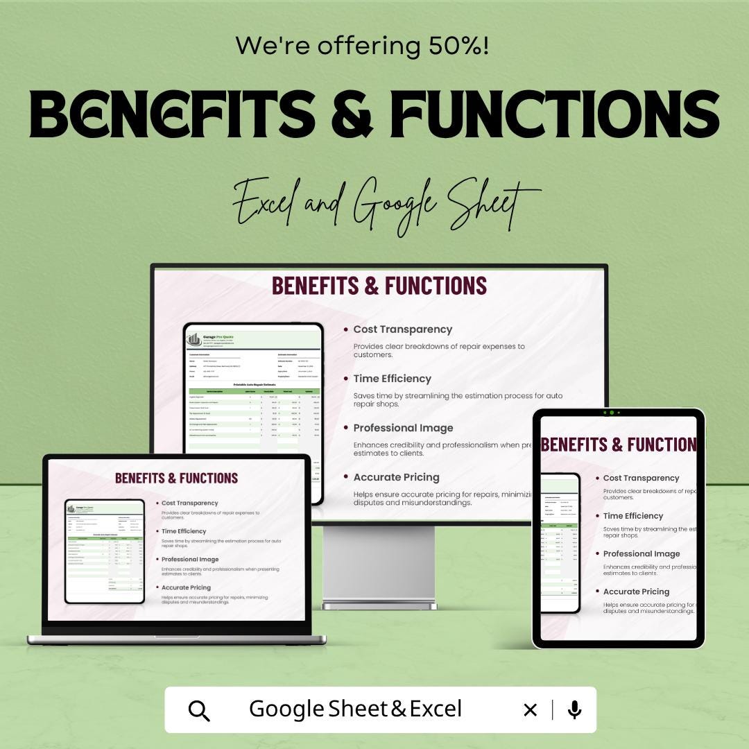 Printable Auto Repair Estimate Template | Garage Repair Quote Spreadsheet | Mechanic Service Estimate Form | Auto Shop Invoice Tracker |