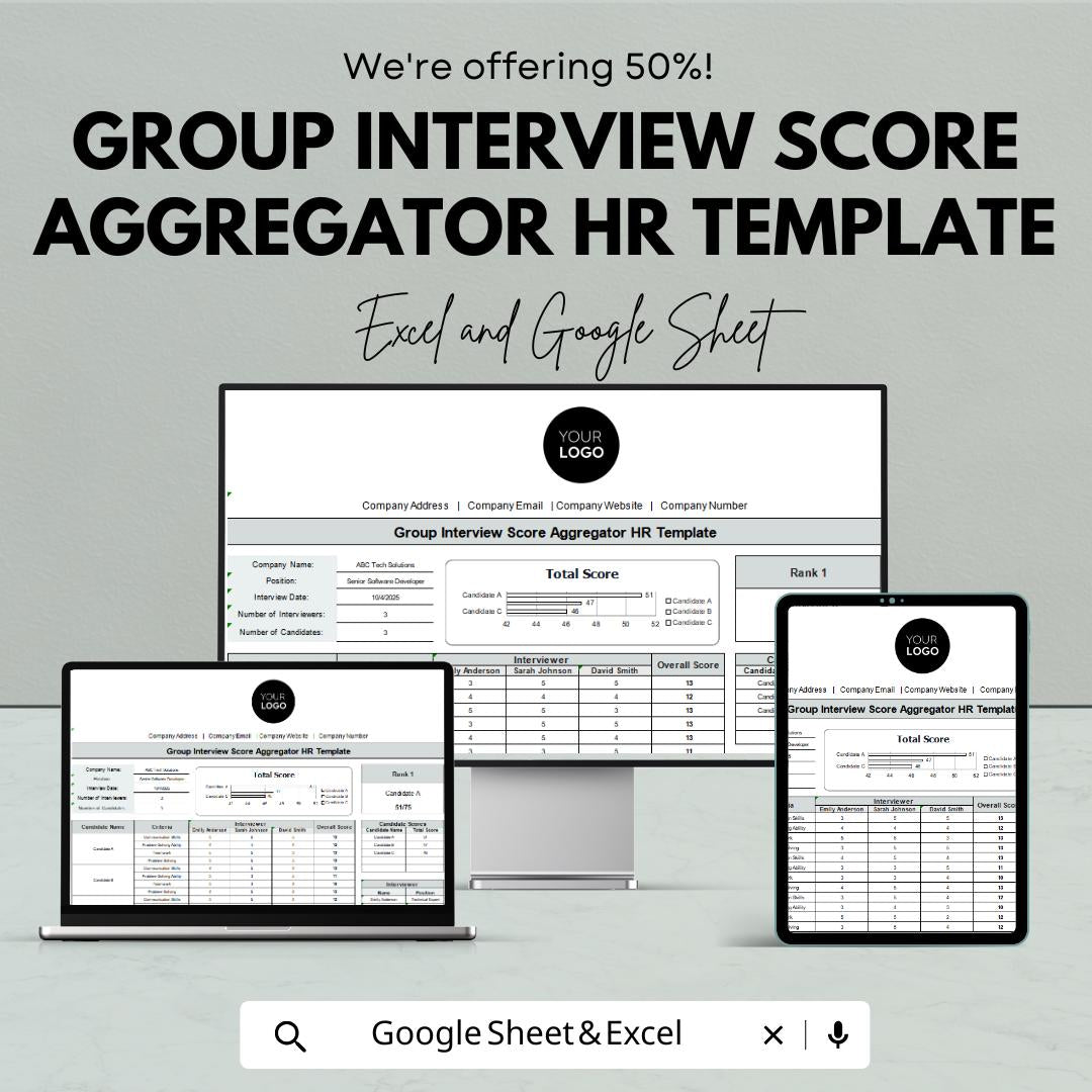 Group Interview Score Aggregator HR Template | Candidate Evaluation Tool | Interview Scorecard Excel & Google Sheets