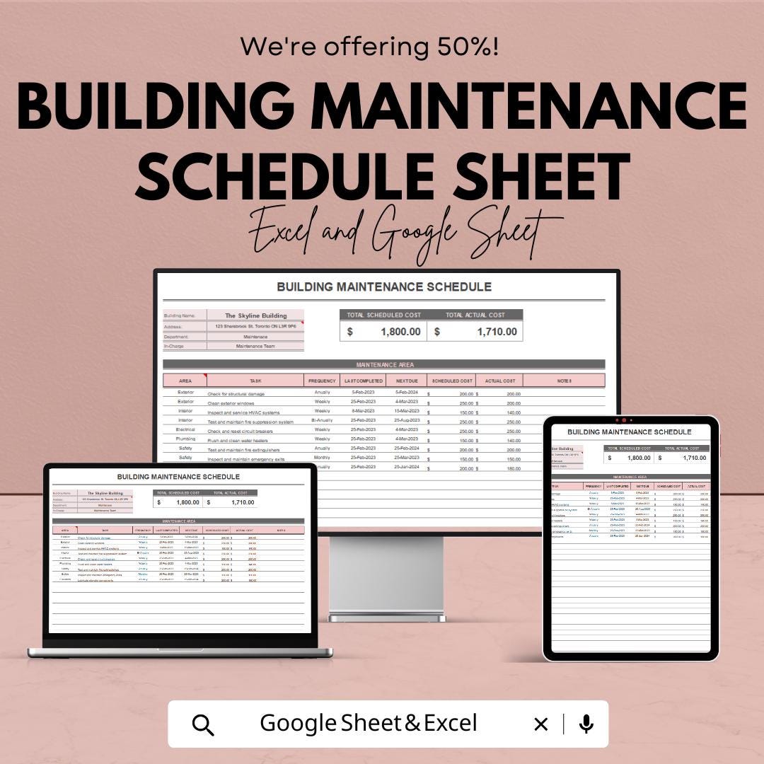 Building Maintenance Schedule Sheet - Excel & Google Sheets Template for Efficient Building Management