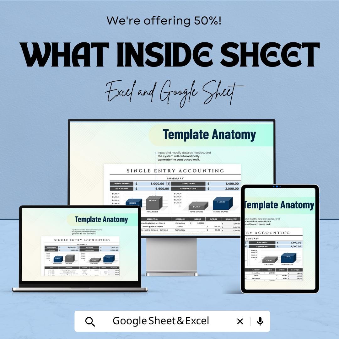 Single Entry Accounting Template | Simple Bookkeeping Spreadsheet | Income Expense Tracker | Small Business Accounting Sheet