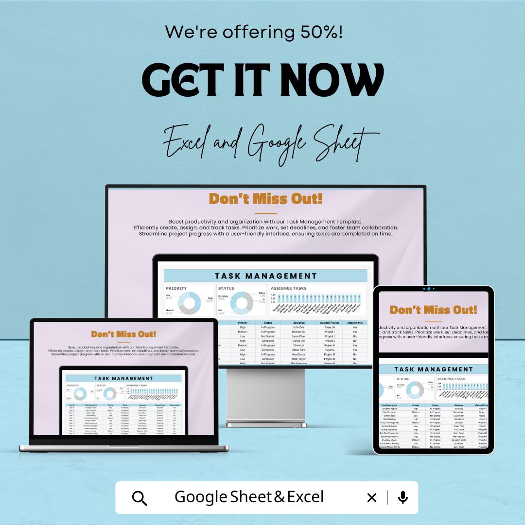 Task Management Template | Team Assignment Planner | Task Status Dashboard | Work Management Spreadsheet