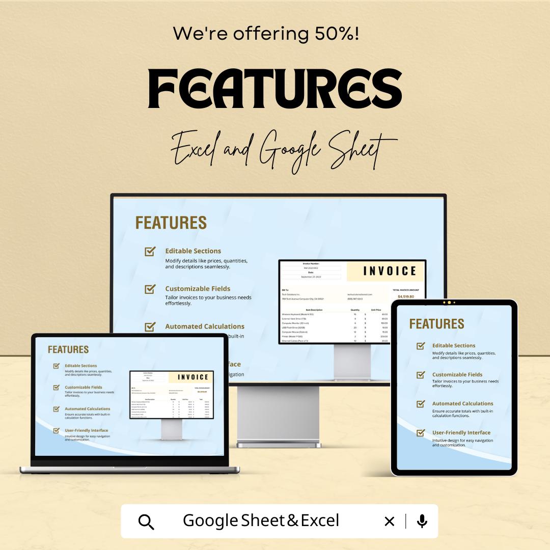 Printable Downloadable Invoice Sheet Template for Excel and Google Sheets | Customizable & Editable Invoice Format