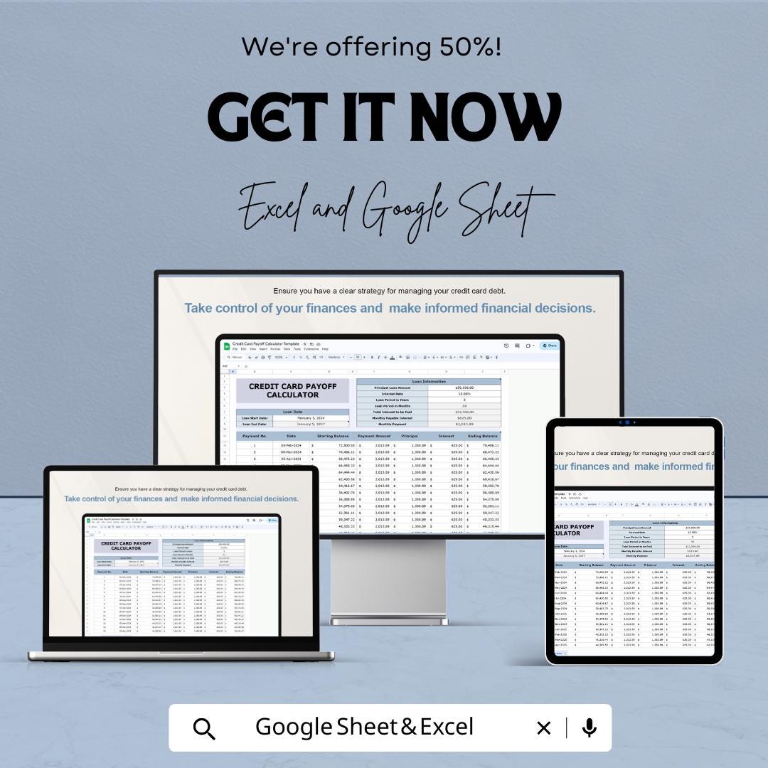 Credit Card Payoff Calculator - Google Sheet - Budget Planner, Debt Management Template, Track Credit Payments, Monthly Payment Calculator