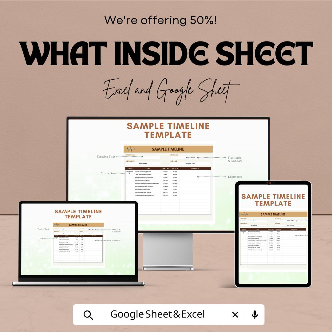 Sample Timeline Template | Project Planner Excel and Google Sheet | Task & Deadline Tracker | Editable Work Schedule Sheet