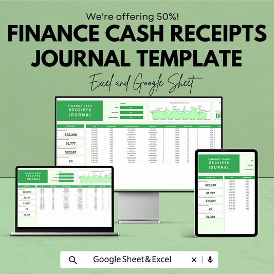 Finance Cash Receipts Journal Template, Excel & Google Sheets, Cash Receipt Tracker, Accounting Journal Spreadsheet, Business Income Log