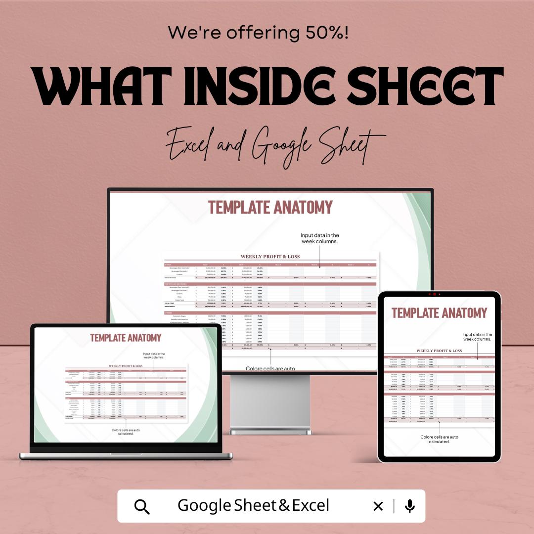 Weekly Profit and Loss Template for Excel  Google Sheets | Small Business Income & Expense Tracker | Financial Report Sheet