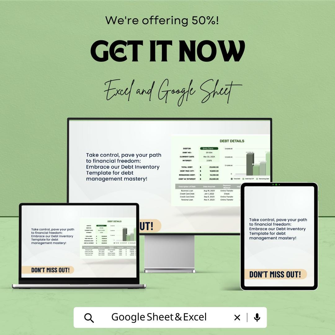 Debt Inventory Sheet | Excel and Google Sheets Template for Debt Management | Debt Tracking & Payment Planner | Financial Freedom |