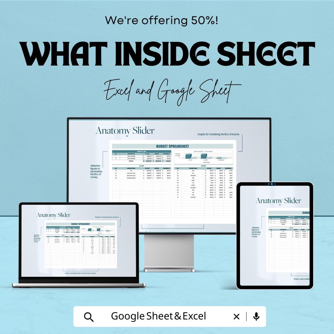 Budget Spreadsheet - Excel  and Google Sheets Template, Personal Finance Tracker, Expense & Income Budget Planner, Instant Download
