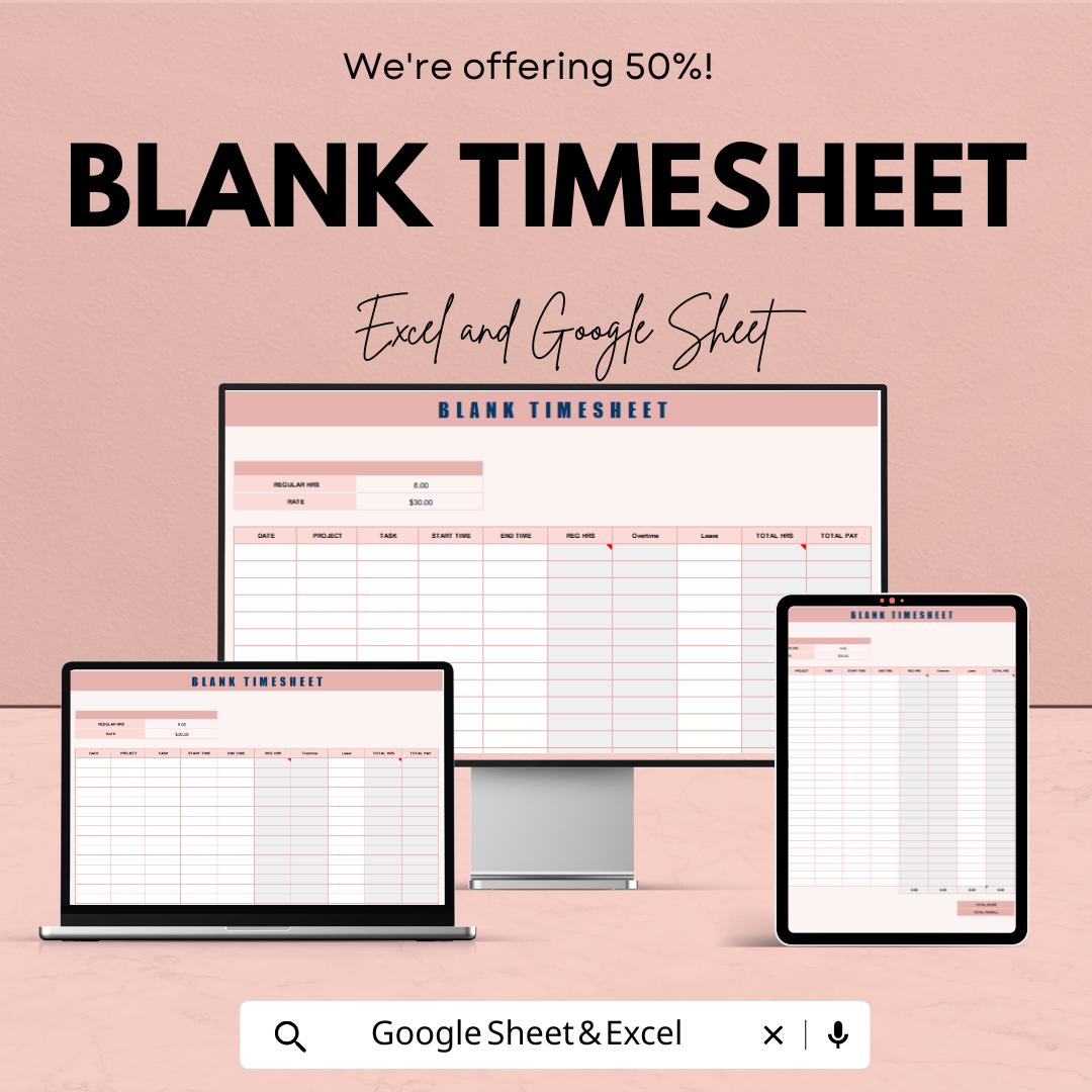 Blank Timesheet Template – Excel & Google Sheets – Employee Hours Tracker, Customizable Work Schedule, Editable Payroll System,
