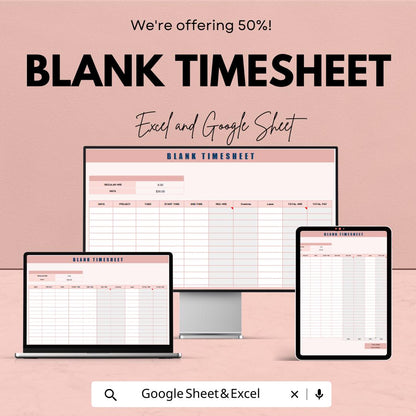 Blank Timesheet Template – Excel & Google Sheets – Employee Hours Tracker, Customizable Work Schedule, Editable Payroll System,