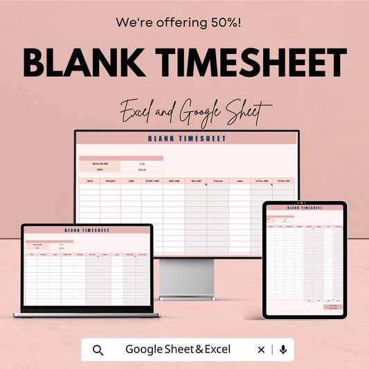 Blank Timesheet Template – Excel & Google Sheets – Employee Hours Tracker, Customizable Work Schedule, Editable Payroll System,