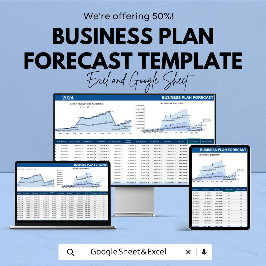 Business Plan Forecast Template | Financial Projection sheet | Revenue and Expense Forecast | Excel & Google Sheets | Business Planner