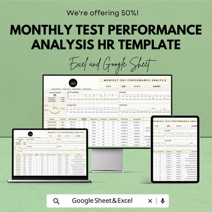 Monthly Test Performance Analysis Template, HR Performance Dashboard, Employee Test Tracker, Recruitment Metrics, Excel Google Sheets