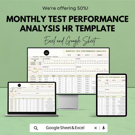 Monthly Test Performance Analysis Template, HR Performance Dashboard, Employee Test Tracker, Recruitment Metrics, Excel Google Sheets