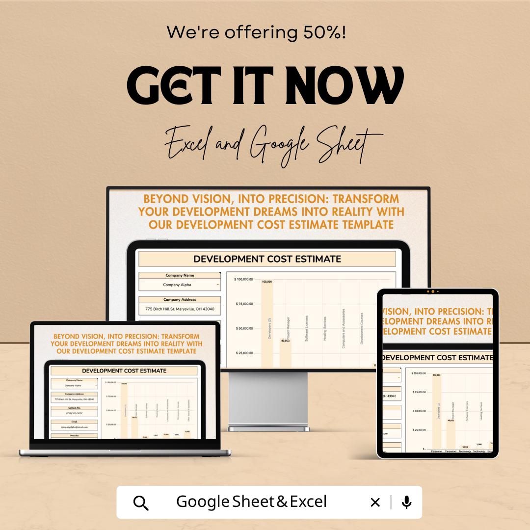 Development Cost Estimate Template | Project Budget Spreadsheet | Construction Cost Calculator | Excel & Google Sheets | Business Budget