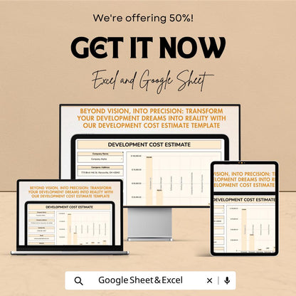 Development Cost Estimate Template | Project Budget Spreadsheet | Construction Cost Calculator | Excel & Google Sheets | Business Budget