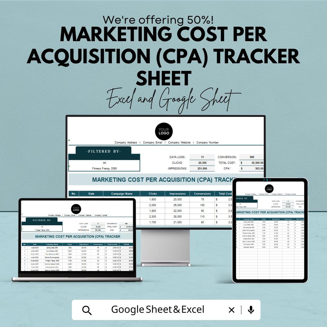 Marketing Cost Per Acquisition (CPA) Tracker Sheet - Excel & Google Sheets Template | Advertising Cost Tracker | Campaign Analysis