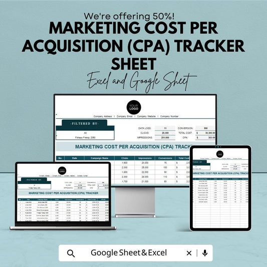 Marketing Cost Per Acquisition (CPA) Tracker Sheet - Excel & Google Sheets Template | Advertising Cost Tracker | Campaign Analysis