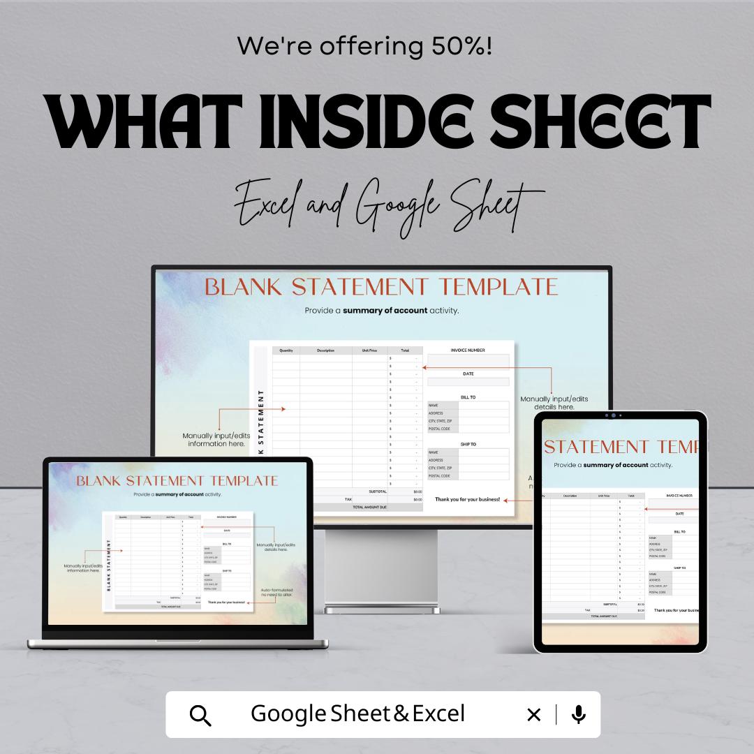 Blank Statement Sheet Template | Excel and Google Sheets | Invoice & Billing Tracker | Business Finance Log | Digital Download