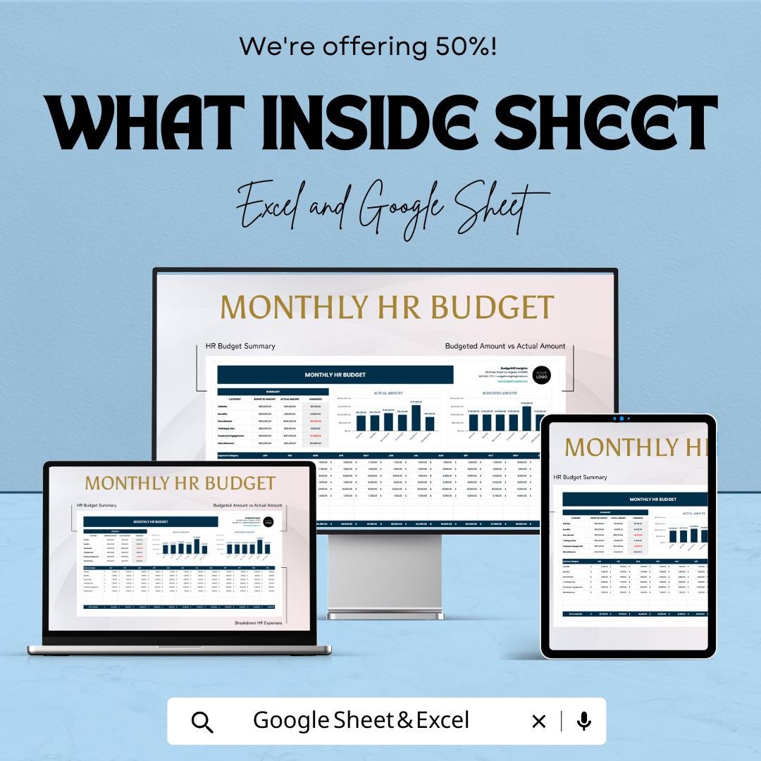 Monthly HR Budget Template | HR Budget Spreadsheet | Excel & Google Sheets HR Budget Tracker | Human Resources Budget Planner