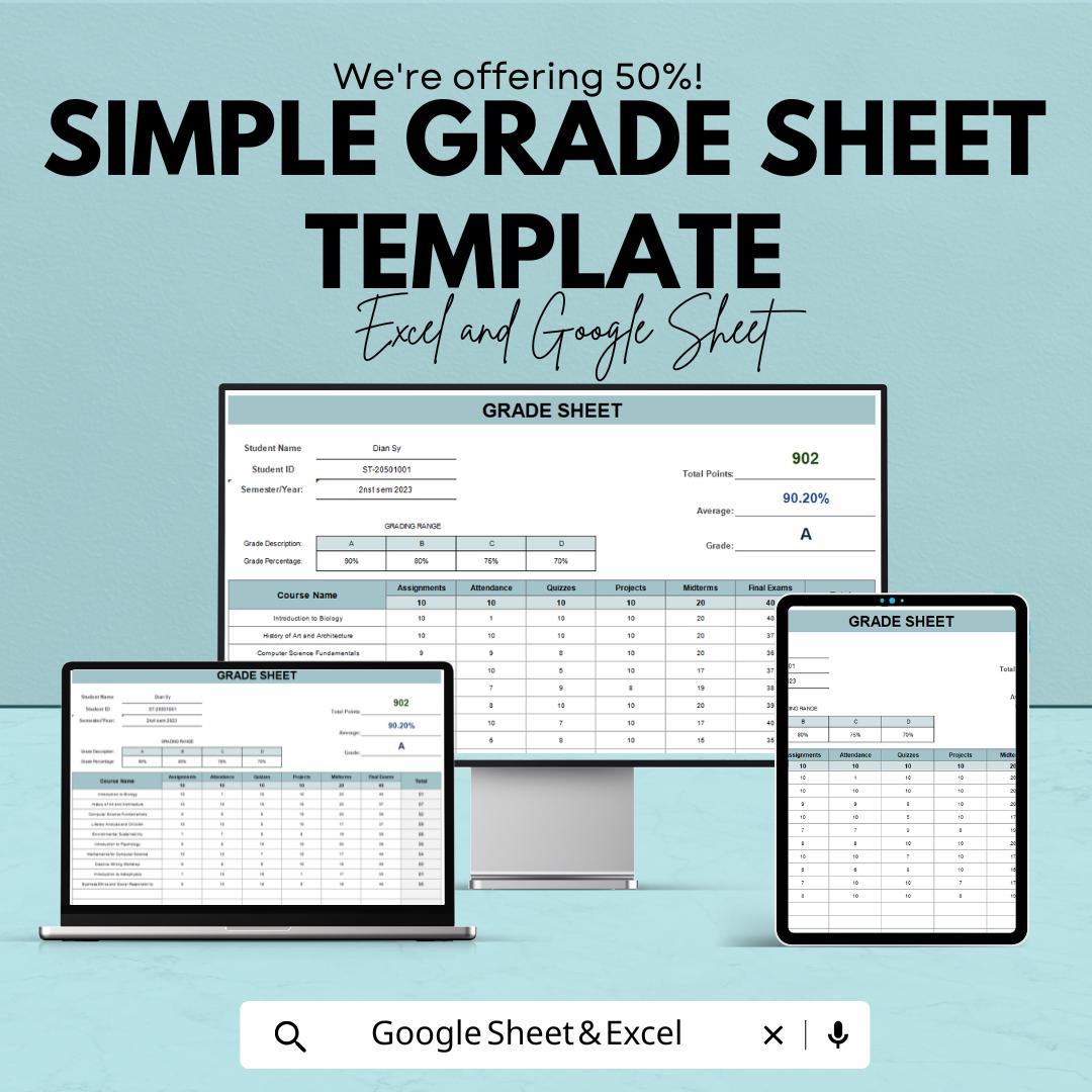 Simple Grade Sheet Template | Excel and Google Sheets Student Grade Tracker | Academic Performance Sheet | Teacher Grade Log