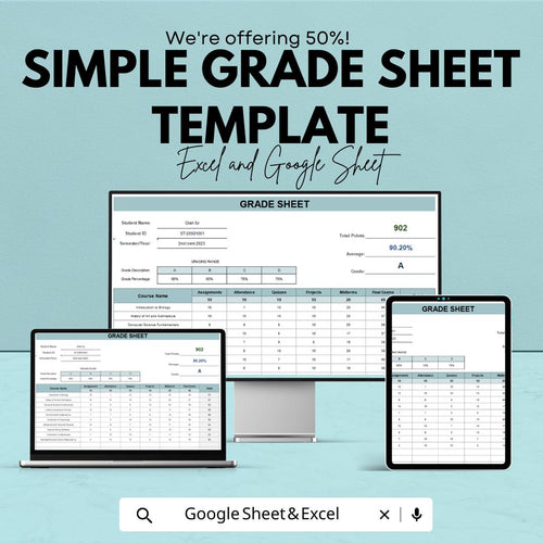 Simple Grade Sheet Template | Excel and Google Sheets Student Grade Tracker | Academic Performance Sheet | Teacher Grade Log