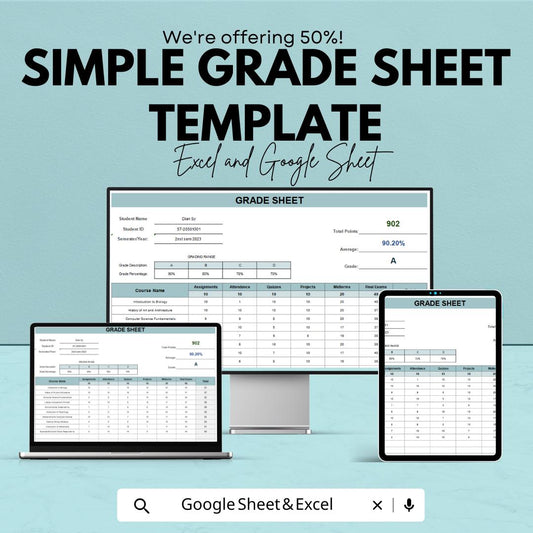 Simple Grade Sheet Template | Excel and Google Sheets Student Grade Tracker | Academic Performance Sheet | Teacher Grade Log