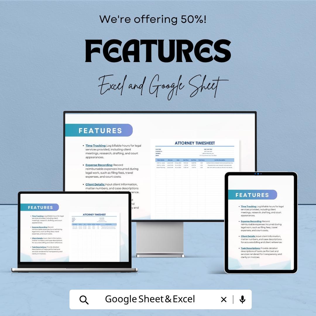 Attorney Timesheet Template | Legal Timesheet Spreadsheet | Lawyer Billing Tracker | Billable Hours Tracking Sheet
