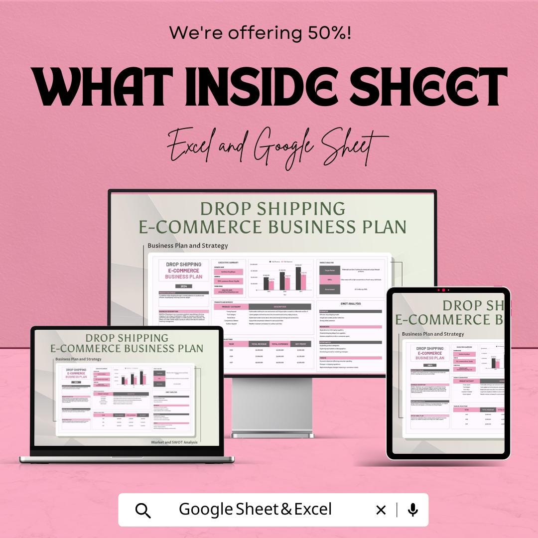 Drop Shipping E-commerce Business Plan Sheet | Google Sheets Template for Online Store Success | Business Strategy & Financial Projections