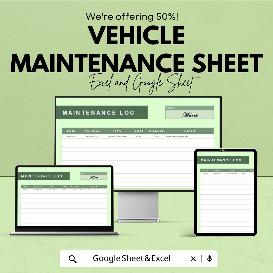 Vehicle Maintenance Log Sheet | Google Sheets and Excel Template for Car, Truck, or Fleet Maintenance | Track Service & Repairs