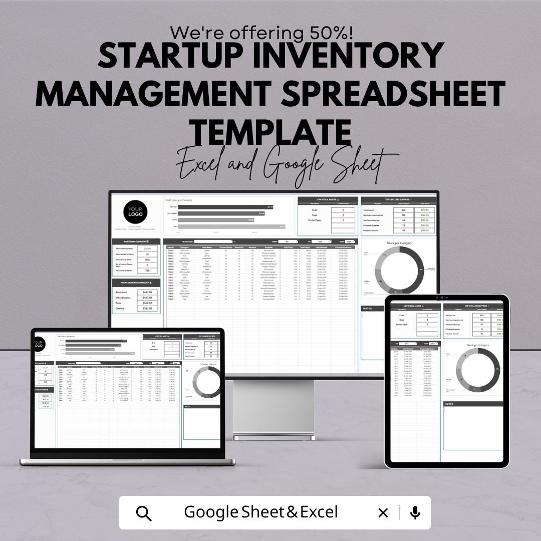 Startup Inventory Management Spreadsheet Template | Excel and Google Sheets | Inventory Tracker | Stock Control Template |