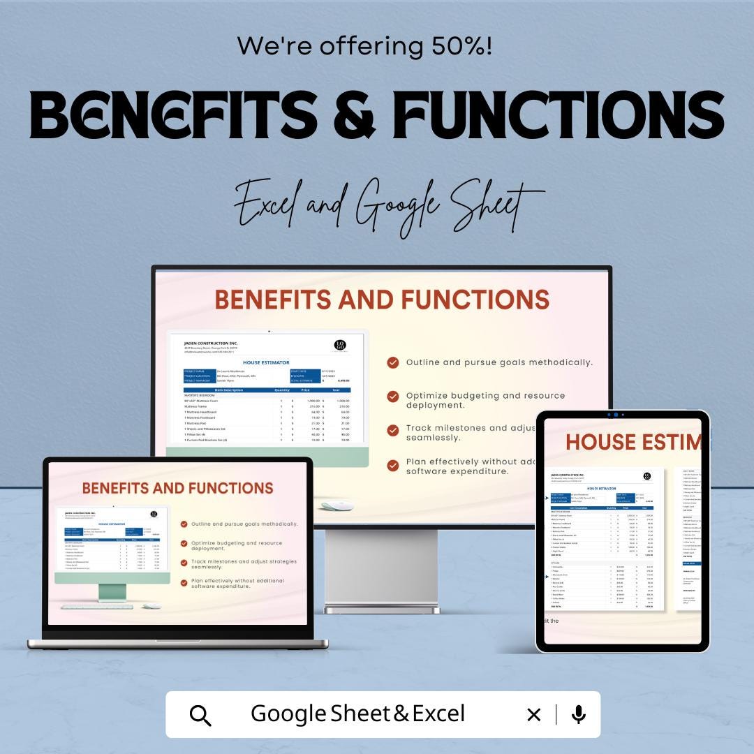 House Estimator Template | Construction Cost Estimate sheets | Home Building Budget Planner | Excel & Google Sheet Project Estimation Tool